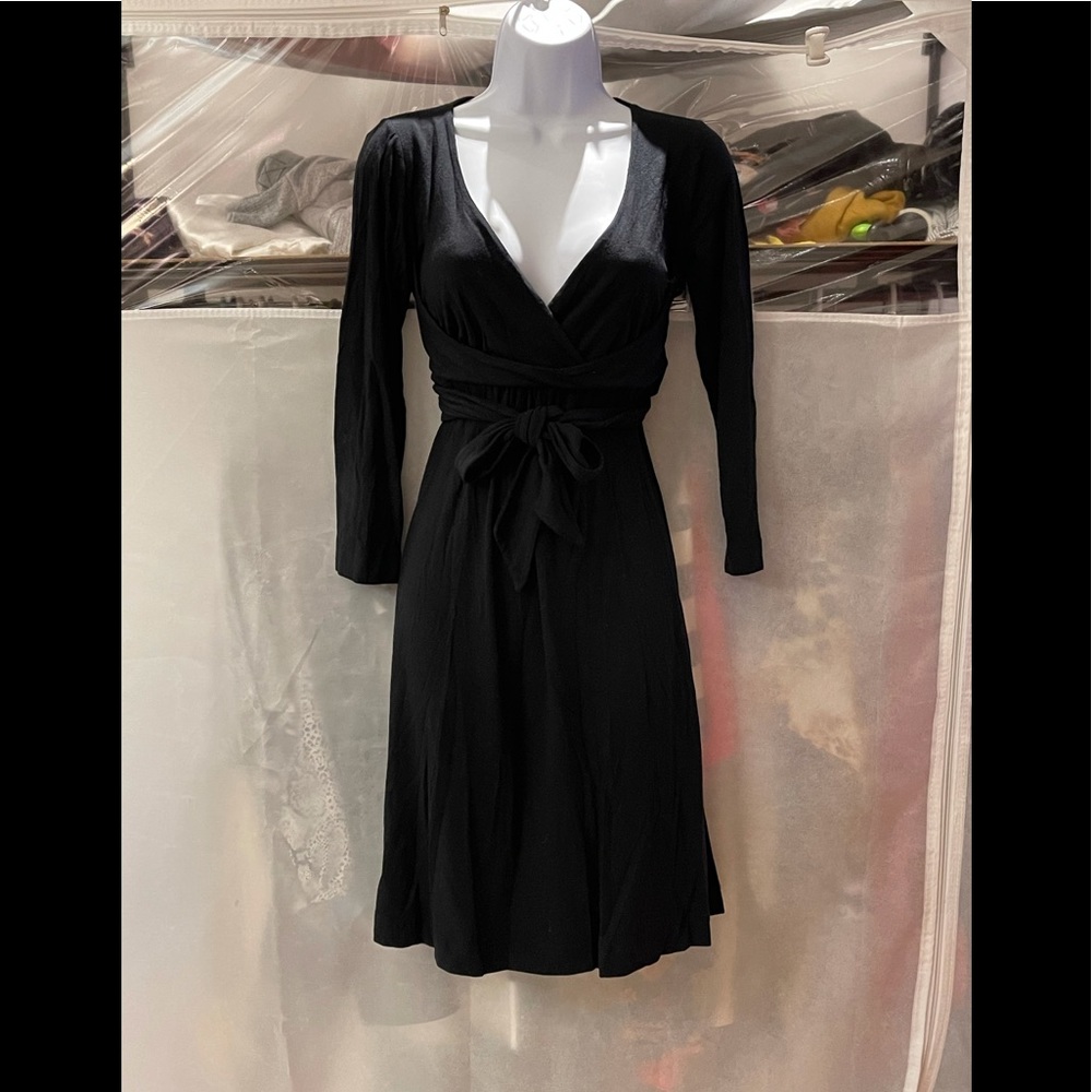 Black Ric Rac Stretch Faux Wrap Dress Medium